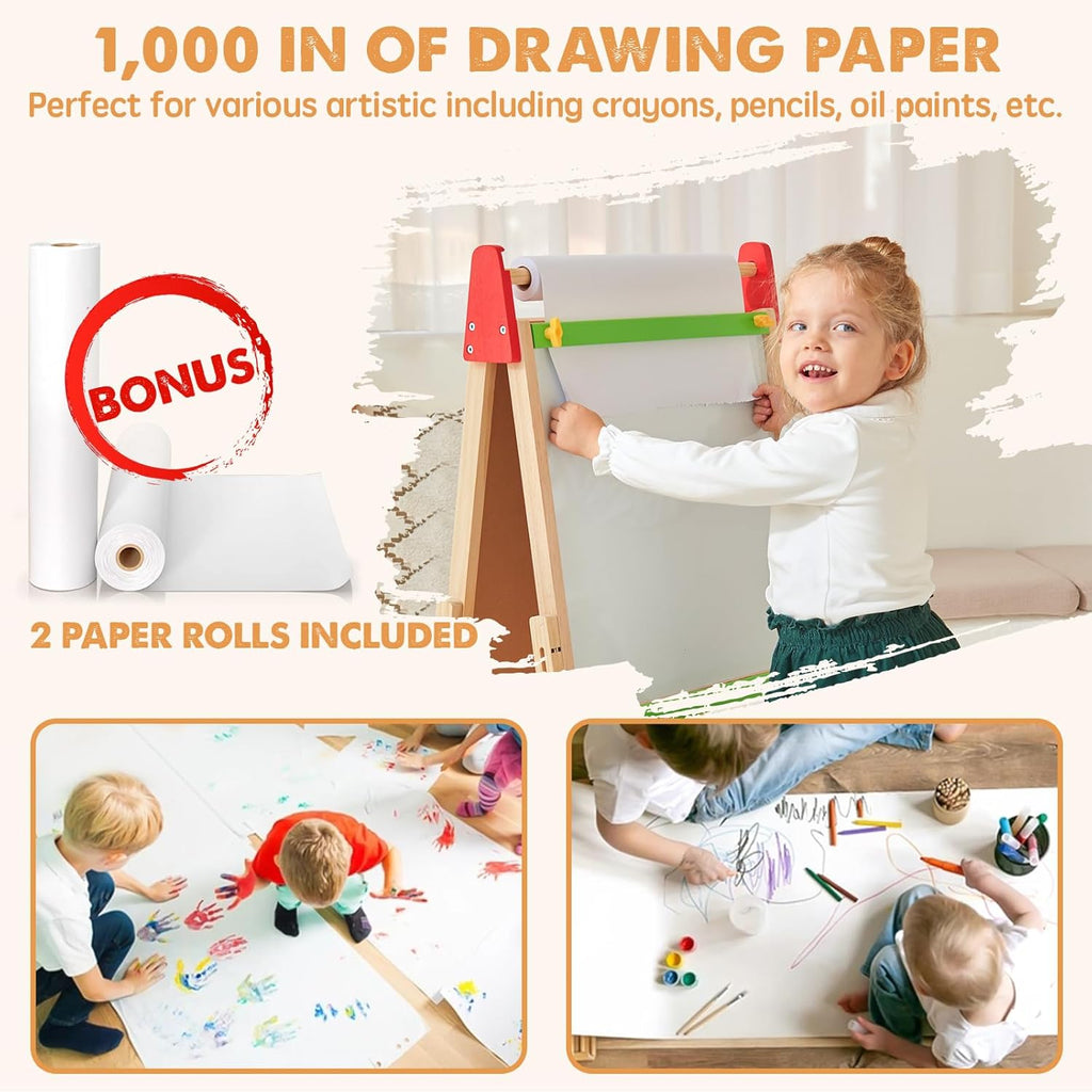 Child painting on Tiny Land art easel outdoors
Tiny Land easel showing full set of drawing tools included