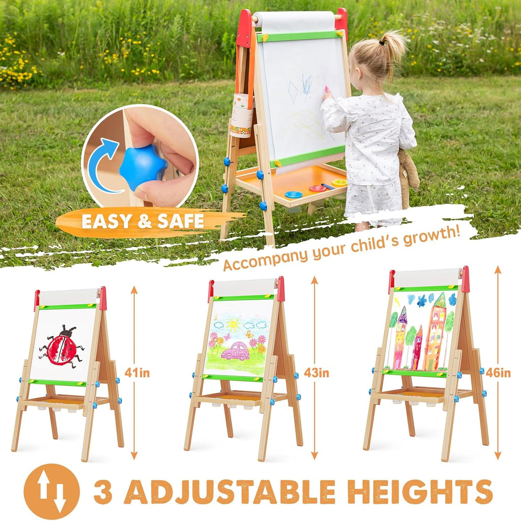 Child painting on Tiny Land art easel outdoors
Tiny Land easel showing full set of drawing tools included