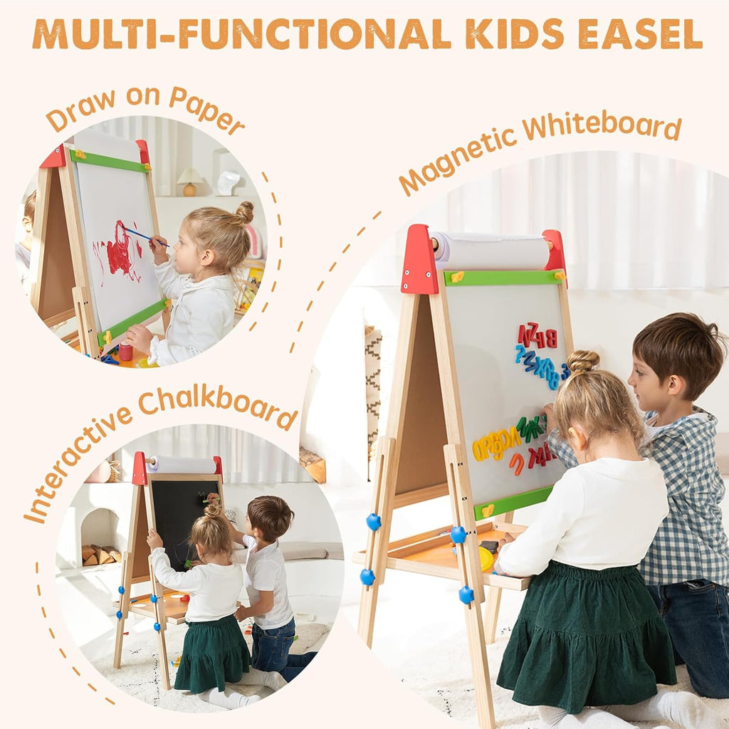 Child painting on Tiny Land art easel outdoors
Tiny Land easel showing full set of drawing tools included