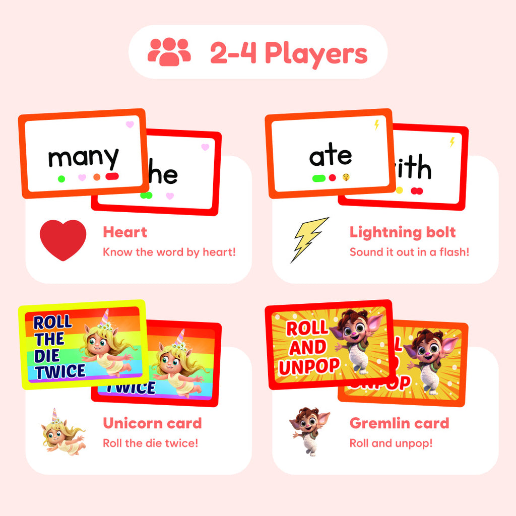 Children playing The Fidget Game Sight Words Edition showing 2 to 4 player card reading gameplay