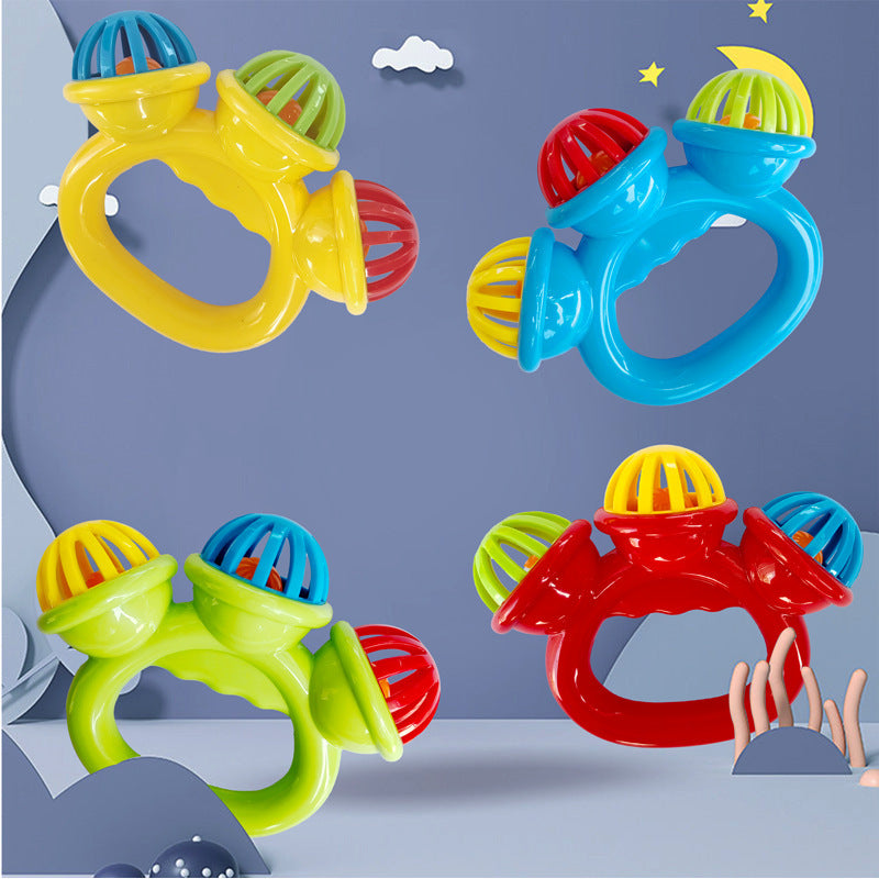 colorful baby handbell rattle toy for infants showing crisp shaking bell and non-toxic plastic construction
