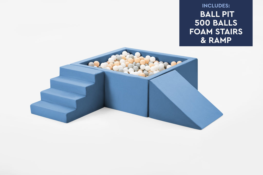 TumbleHouse Ball Pit Bundle in blue showing ball pit, ramp, and stairs foam set