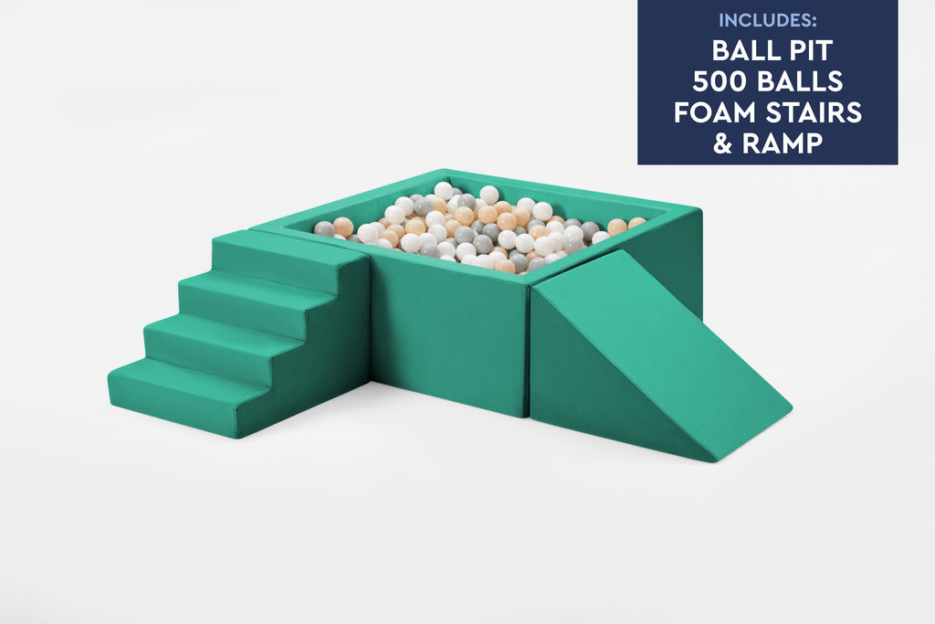TumbleHouse Ball Pit Bundle in green showing ball pit, ramp, and stairs from above