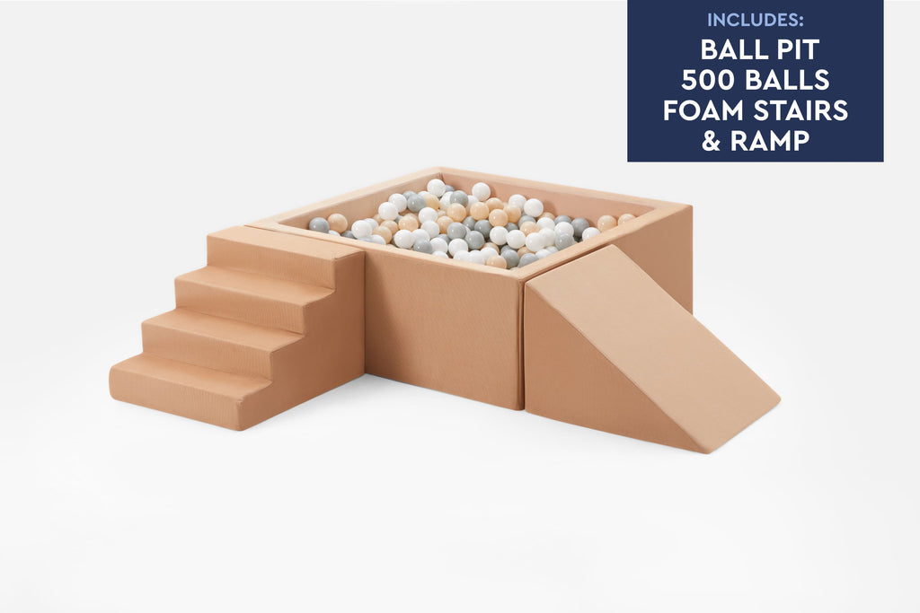 TumbleHouse Ball Pit Bundle in tan showing soft foam ball pit, ramp, and stairs configuration