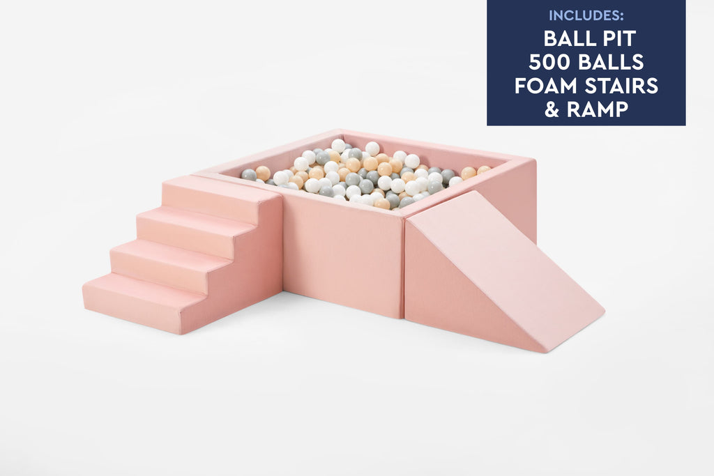 TumbleHouse Ball Pit Bundle in pink showing foam ramp, stairs, and ball pit for toddlers