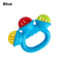 Blue baby handbell rattle toy for infants showing crisp shaking bell and non-toxic plastic construction